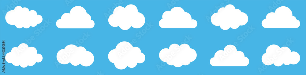 Set of clouds.Abstract white cloudy set isolated on blue background. Different shape cartoon white clouds on blue background. Cloud vector set. Vector illustration