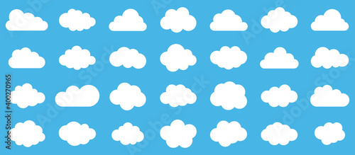 Set of clouds.Abstract white cloudy set isolated on blue background. Different shape cartoon white clouds on blue background. Cloud vector set. Vector illustration