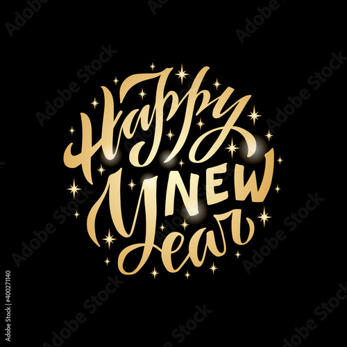 Vector illustration of happy new year lettering for banner, poster, greeting card, sign board, souvenirs, stickers, clothes, advertisement design. Handwritten calligraphic gold text for web or print
