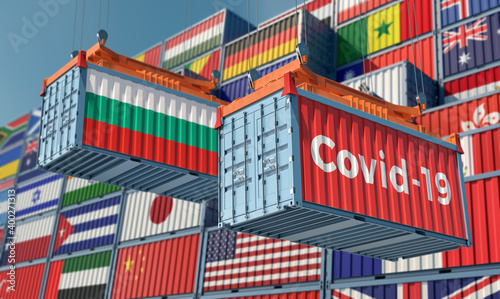 Container with Coronavirus Covid-19 text on the side and container with Bulgaria Flag. 3D Rendering © Marius Faust