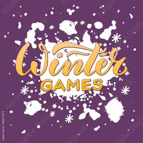 Vector illustration of winter games lettering for banner, poster, greeting card, shop advertisement, souvenirs, stickers, clothes design. Handwritten text for web or print 