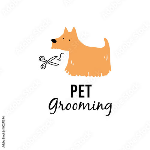 Cute puppy dog pet grooming. Cartoon dog character illustration for animal hair grooming salon logo, banner design. Pet care concept.