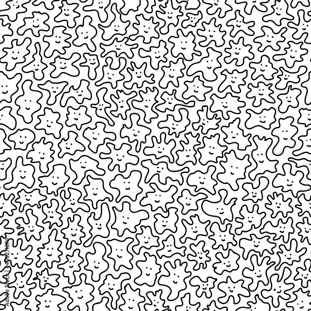 Vector seamless linear doodle pattern of abstract blots or amoebas