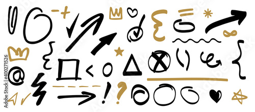 Hand drawn set of doodle icons, arrows and scribbles. Design element set.