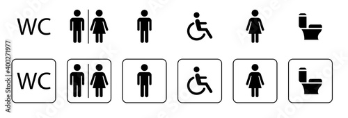 Toilet icons set, toilet signs, WC signs. WC Symbol, signs, icons, WC signs set. Man, woman, mother with baby and handicapped silhouettes isolated on white background. WC. Vector illustration.