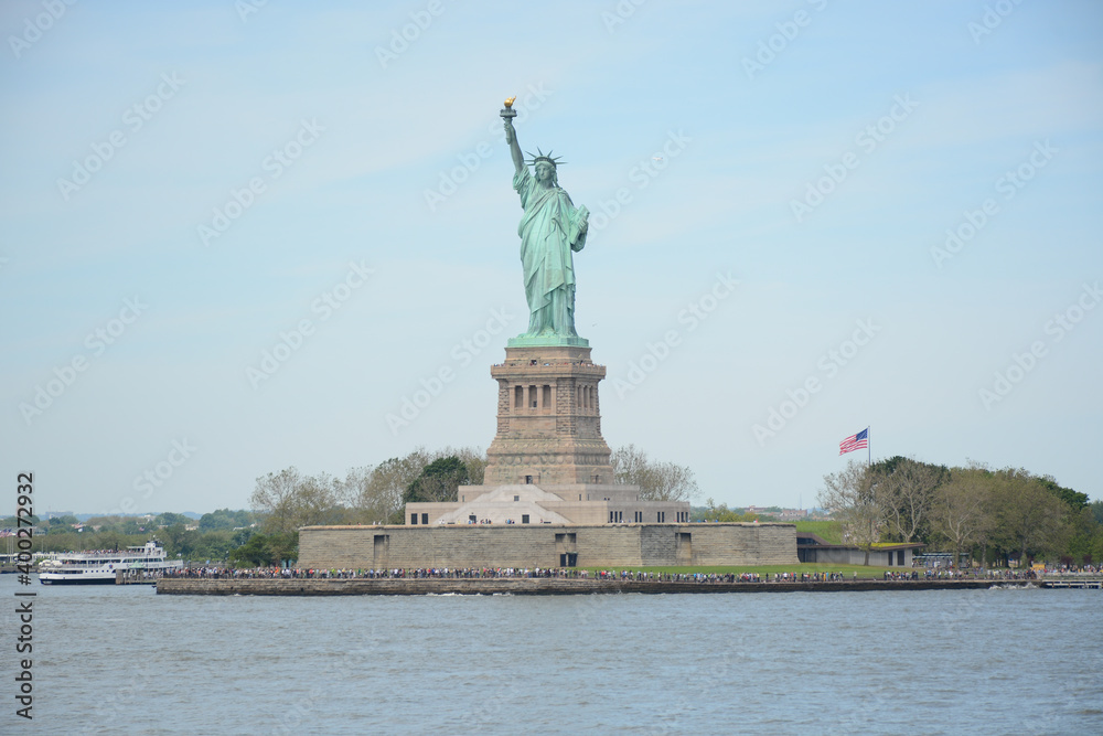 New York, NY, USA - May 30, 2019: View to the Statue of Liberty from Staten Island Ferry