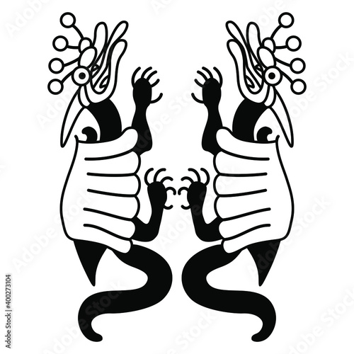 Symmetrical design with two fantastic dragons. Native American art of Moche Indians. Monster animal. Moche mythology of ancient Peru. Black and white silhouette.