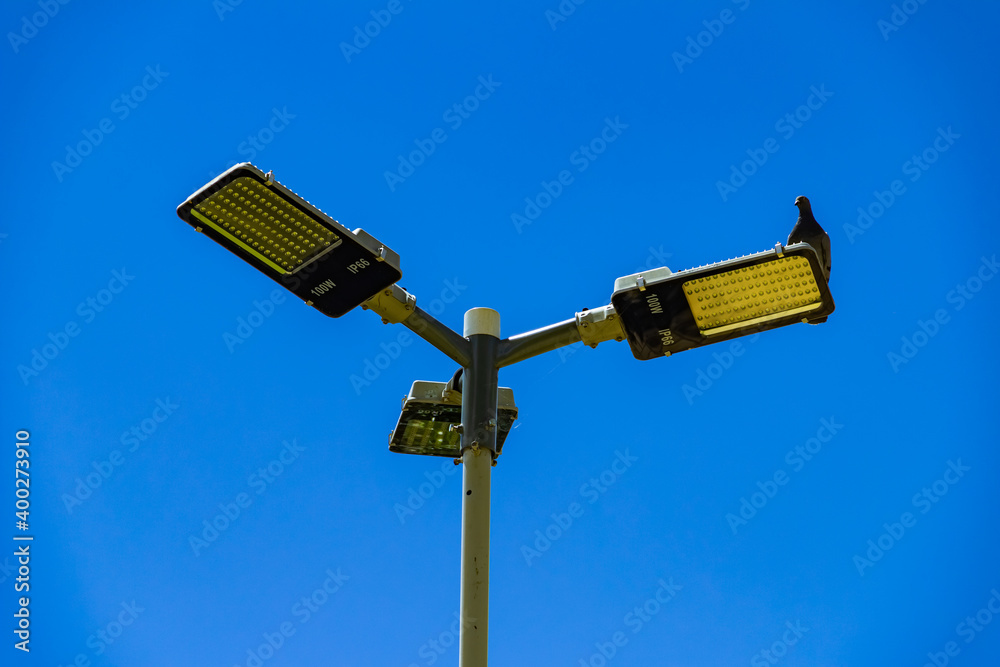 Um pombo pousado em lâmpada de um poste de iluminação pública com céu azul ao fundo. Um pombo pousado em lâmpada de um poste de iluminação pública com céu azul ao fundo.