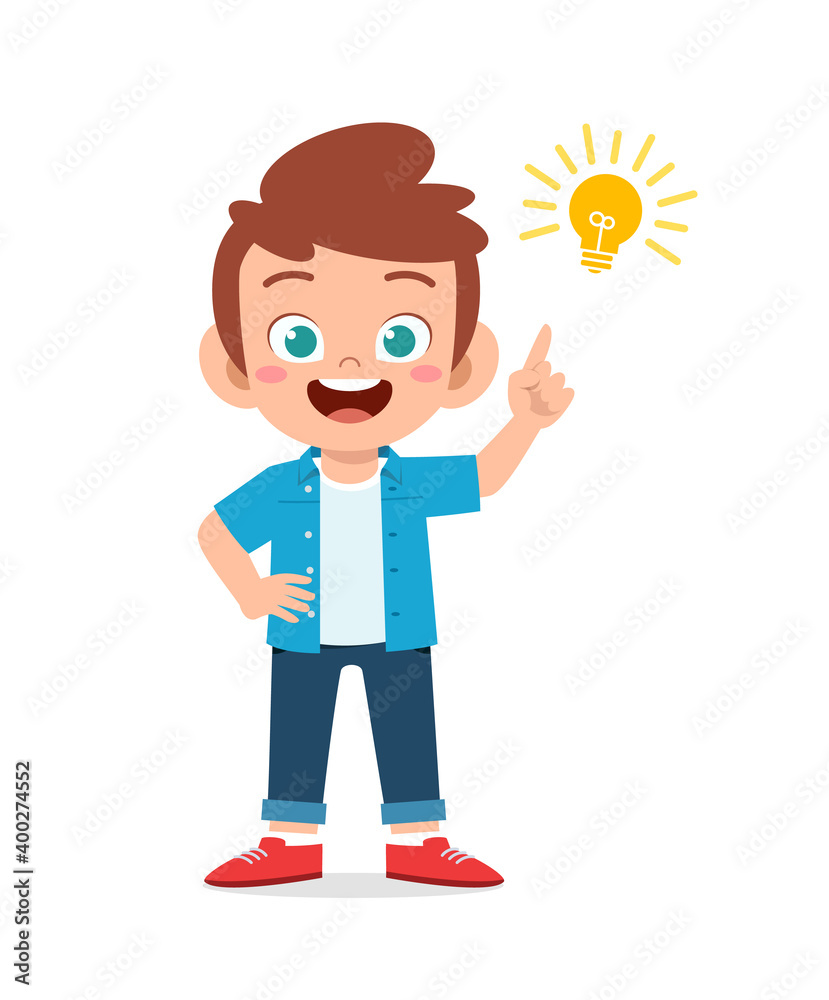 happy cute little kid boy with idea lamp sign happy cute little kid boy with idea lamp sign