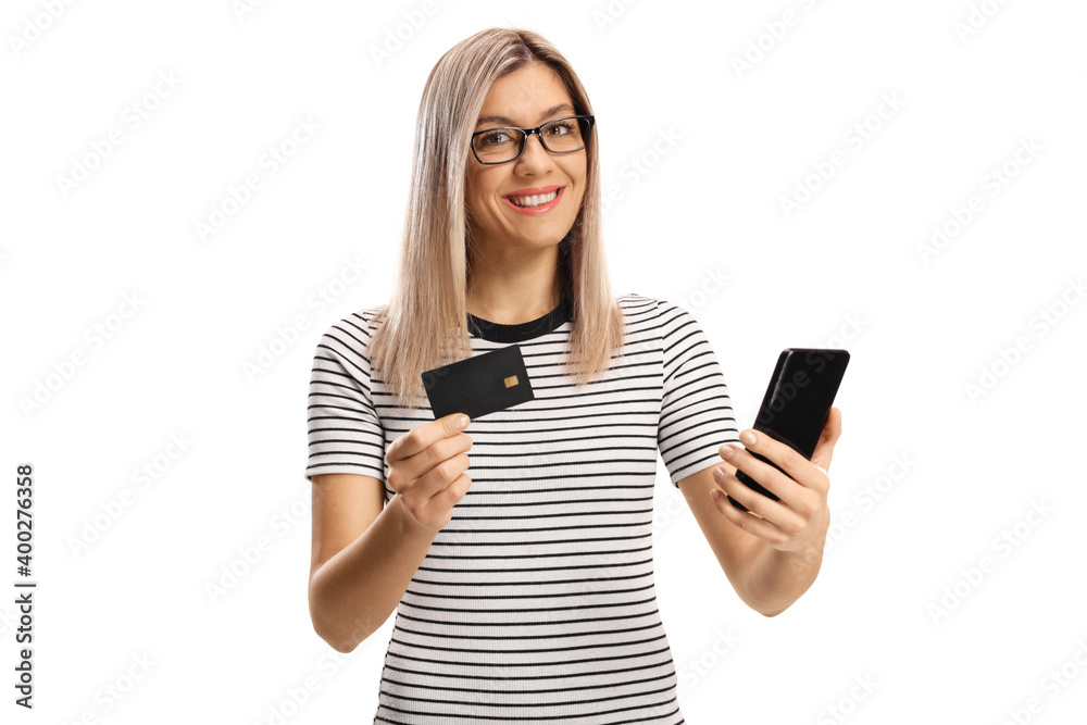 Young woman paying online with a credit card