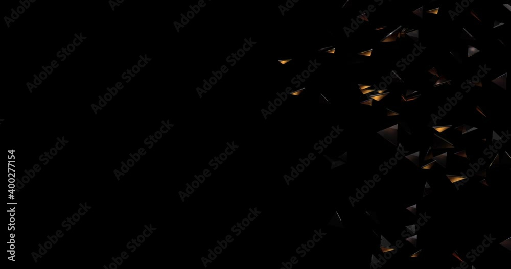 Shiny rotating cloud of golden triangles. Polygonal geometric pattern animation with copyspace. Dark background with bright glare triangles