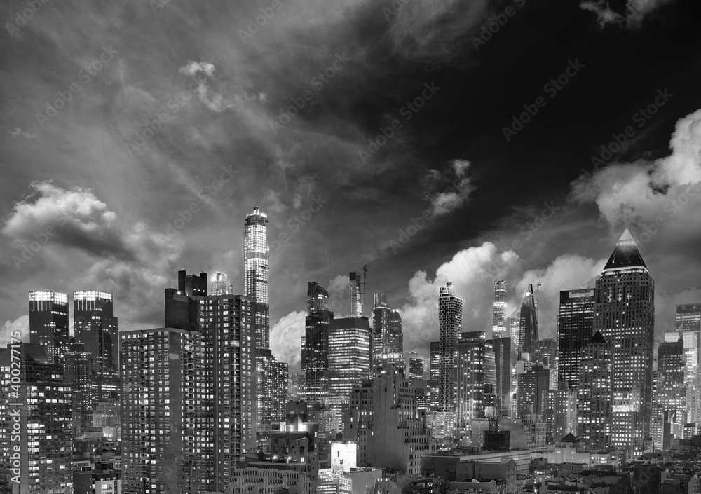 The skyline of New York City at dusk, panoramic aerial view of Manhattan