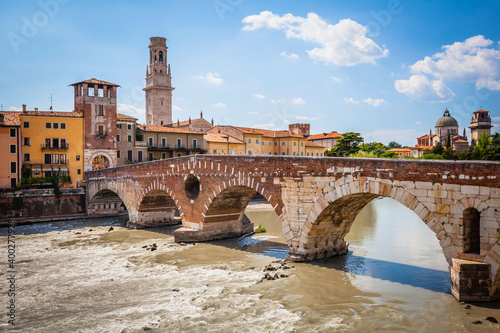 Ponte Pietra bridge over the Adige river in Verona, Italy