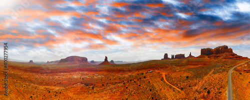 Aerial panoramic view of amazing Monument Valley in summser season, drone viewpoint photo