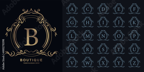 Letter B or collection initial alphabet with luxury ornament floral frame golden logo template.