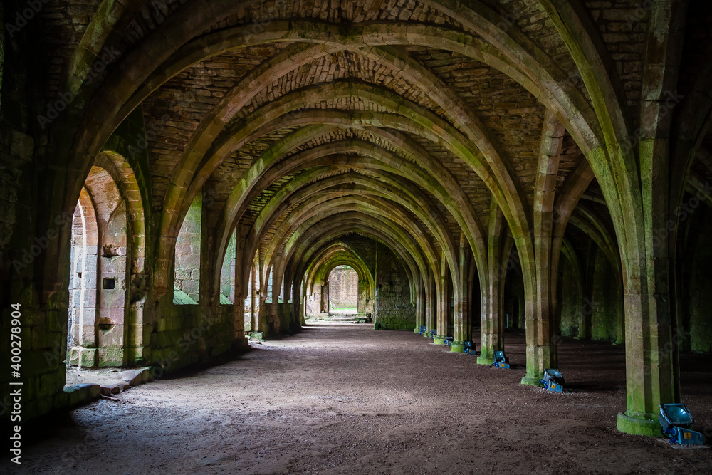 Basement vaults of Fountains Abbey, old monastery in North Yorkshire, United Kingdom