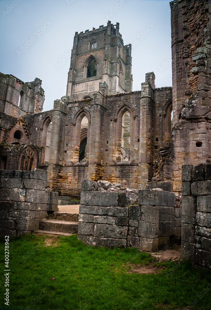 Ruins of Fountains Abbey, old monastery in North Yorkshire, United Kingdom