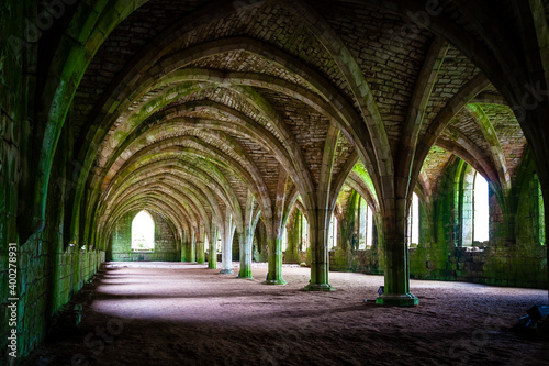 Basement vaults of Fountains Abbey  old monastery in North Yorkshire  United Kingdom