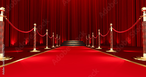 3D render of Long red carpet between rope barriers, Realistic red carpet and pedestal. photo