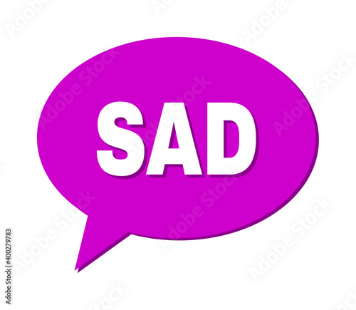Speech SAD Colored Cloud Message. SAD label is located inside colored speech balloon with shadow. Vector quote tag inside message frame.