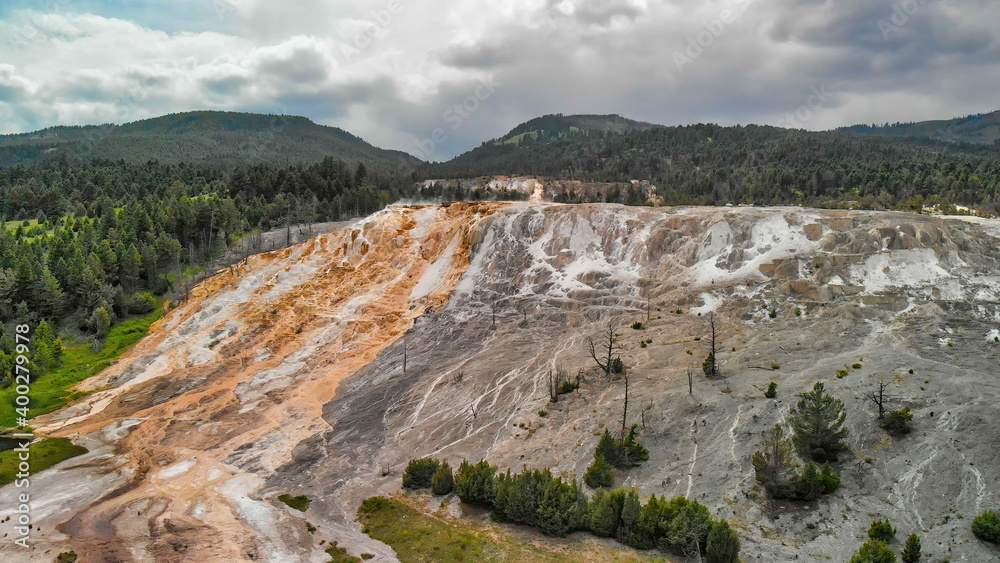 Mammoth Hot Springs, Yellowstone National Park. Aerial view from drone viewpoint