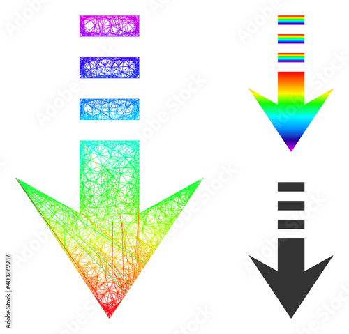 Spectral colored wire frame send down, and solid spectral gradient send down icon. Wire frame 2D net abstract symbol based on send down icon, is generated from intersected lines.