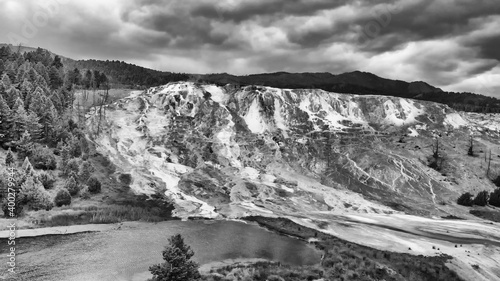 Mammoth Hot Springs, Yellowstone National Park. Aerial view from drone viewpoint © jovannig