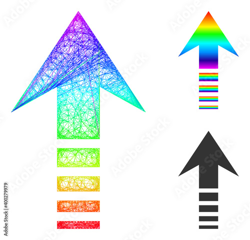 Spectral colored wire frame send up, and solid spectral gradient send up icon. Linear frame 2D net abstract symbol based on send up icon, is generated from crossing lines.