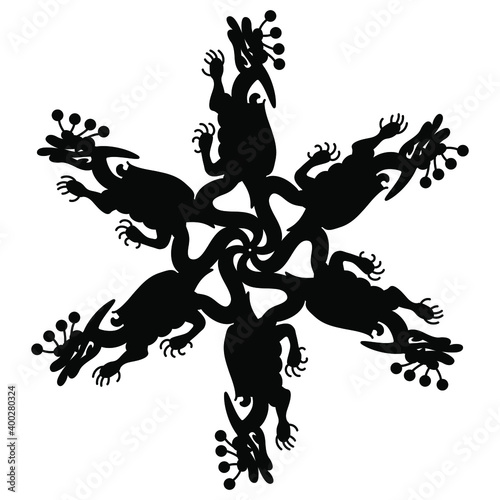 Round animal ornament with fantastic dragons. Native American motif of Moche Indians. Mochica mythology of ancient Peru. Black silhouette on white background.