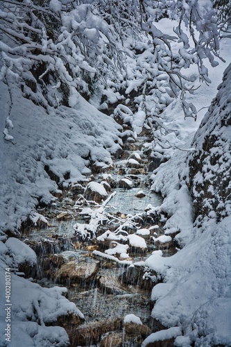 Bach mit Steinen fließt durch schneebedeckte Landschaft