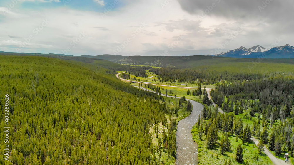 Aerial view of Yellowstone River on a summer day