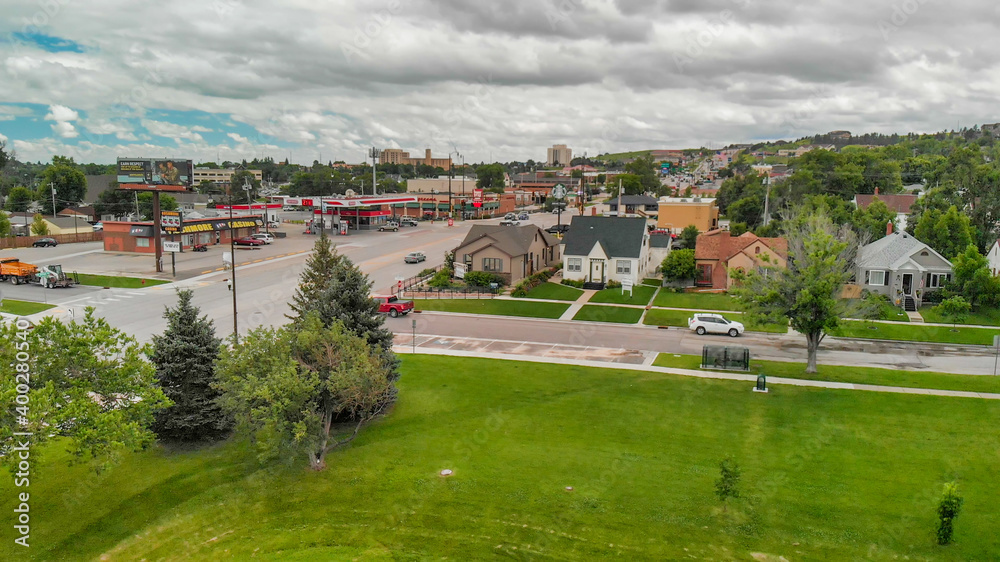 Arial view of Rapid City on a cloudy summer day, South Dakota