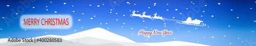 Merry Christmas and Happy New Year. Santa Claus in the sky, winter idyll, web banner, illustration © Milan