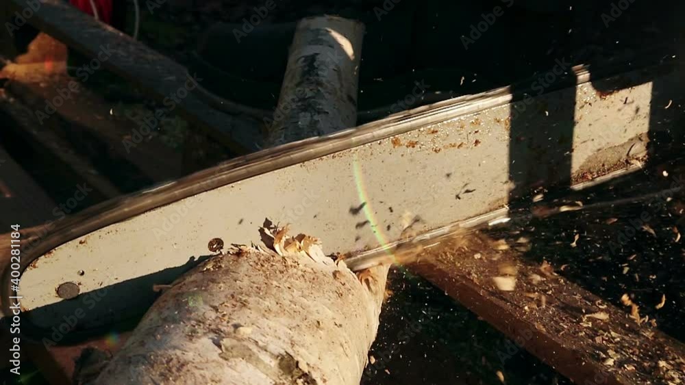 Chainsaw in slow motion. Preparing firewoods for winter season. Sawing wood with a electric chain saw machine. Chainsaw in slow motion. Preparing firewoods for winter season. Sawing wood with a electric chain saw machine.