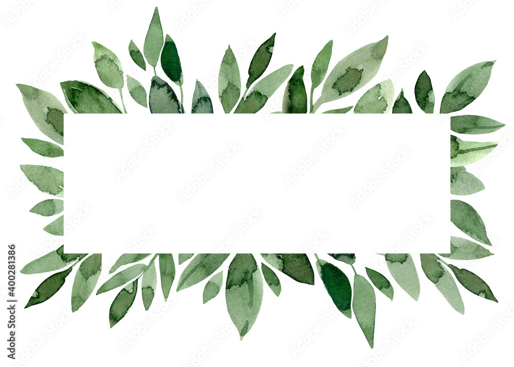 Watercolor green leaves border. Foliage frame. Wedding card template