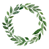 Watercolor green leaves wreath. Foliage frame. Wedding card template. Hand drawn branches Border