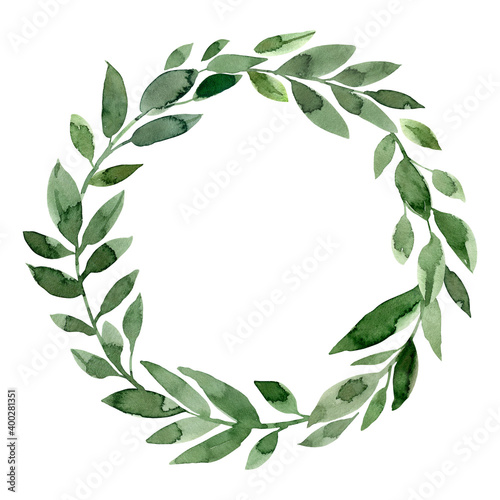 Watercolor green leaves wreath. Foliage frame. Wedding card template. Hand drawn branches Border