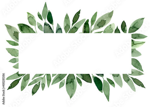 Watercolor green leaves border. Foliage frame. Wedding card template