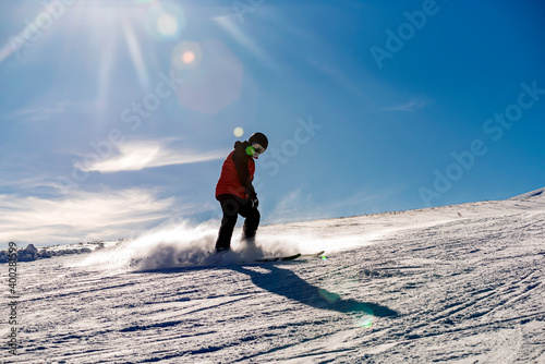 People skiing on the ski slope. Kayseri, Panoramic view of Erciyes,Turkey. photo