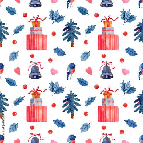 Wallpaper Mural Christmas seamless pattern with hand drawn watercolor illustration: Christmas tree, gifts, bell, bullfinch, holly leaves and berries Torontodigital.ca