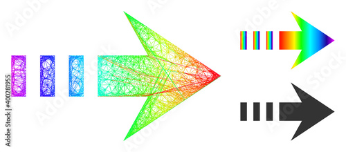 Rainbow vibrant crossing mesh send right, and solid rainbow gradient send right icon. Crossed carcass 2D net geometric image based on send right icon, is made with crossed lines.