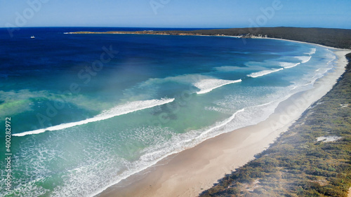 Pennington Bay in Kangaroo Island. Amazing aerial view of coastline from drone on a sunny day