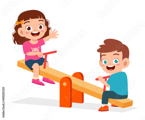 Fotografía happy cute kid boy and girl play seesaw together