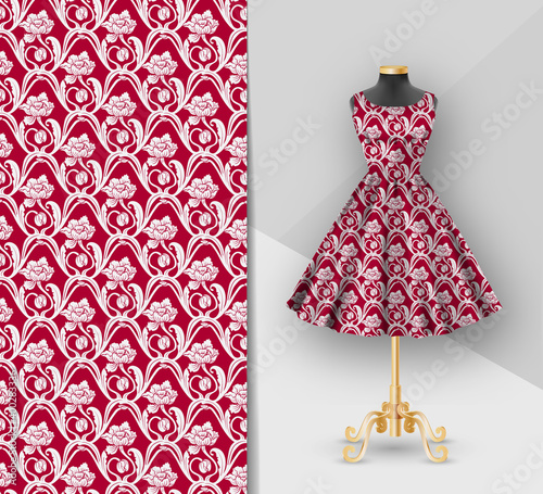 Fashion red fabric printed dress on a black mannequin. Dress clothes realistic 3d mockup. Seamless crimson Flower pattern in ethnic painting style.