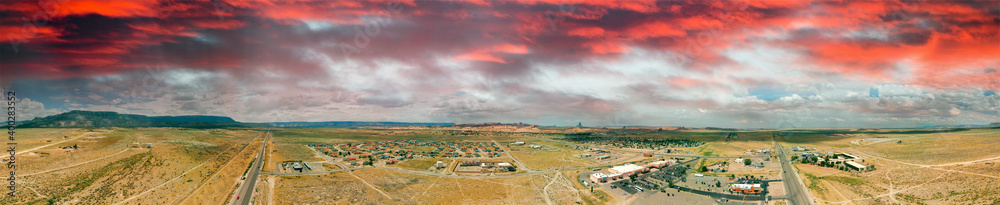 Aerial panoramic view of Kayenta and surrounding countryside, USA