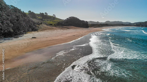 Hot Water Beachi n the east coast of the Coromandel Peninsula  New Zealand. Drone aerial view