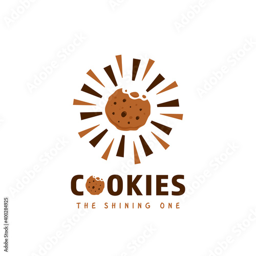 Shining crunchy bitten chocolate cookies cookie snack logo vector icon symbol in fun style