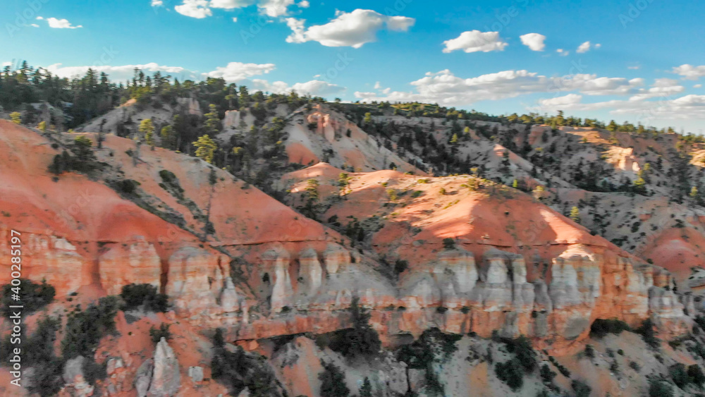 Mountains of Bryce Canyon at sunset, Utah. Aerial view from drone