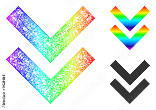 Spectrum colored wire frame shift down, and solid spectrum gradient shift down icon. Wire carcass flat network abstract image based on shift down icon, created with crossing lines.