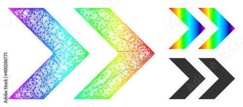 Spectrum colorful network shift right, and solid spectrum gradient shift right icon. Linear carcass flat network abstract image based on shift right icon, is made from intersected lines.